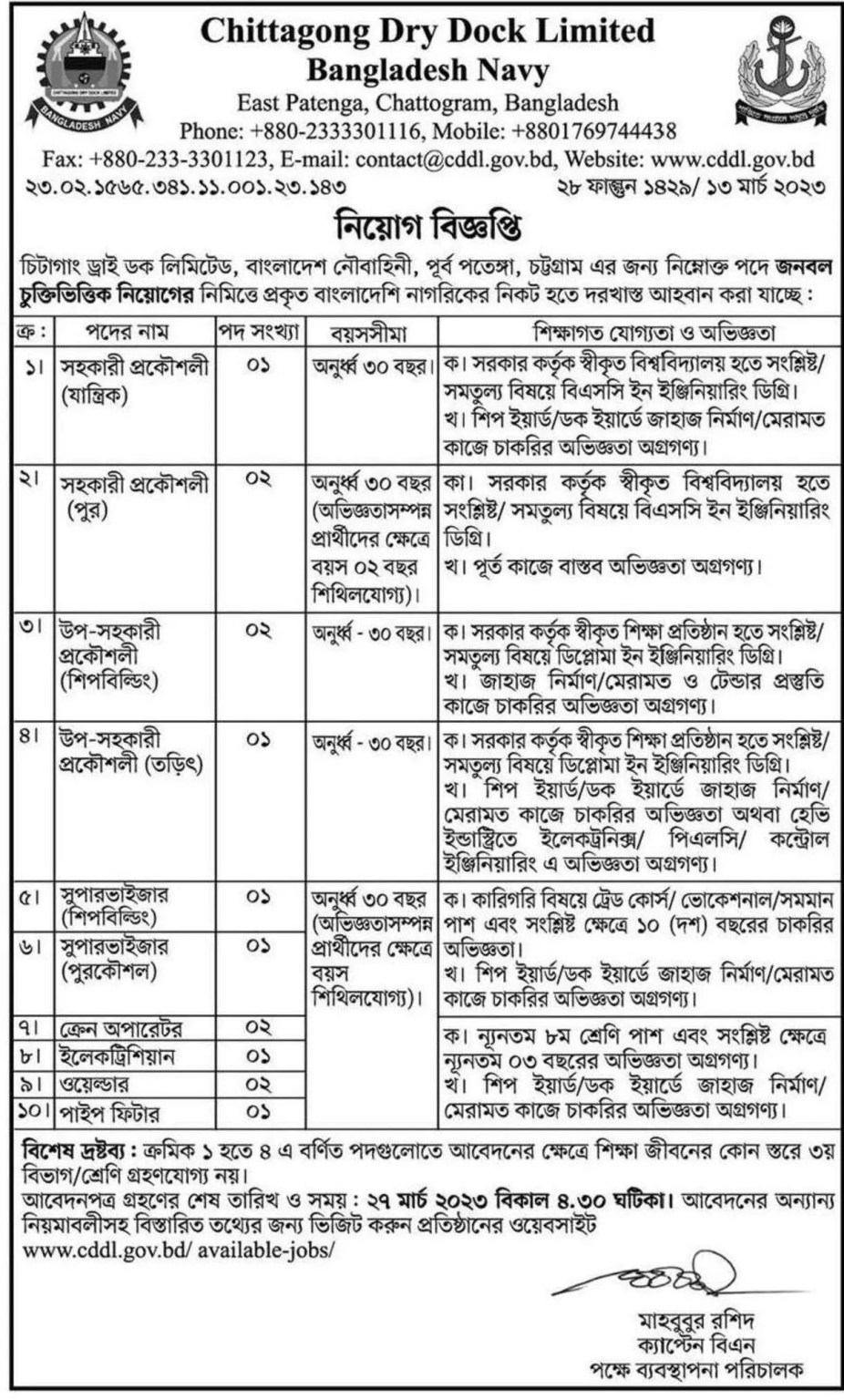 Chittagong Dry Dock Limited CDDL job circular 2023