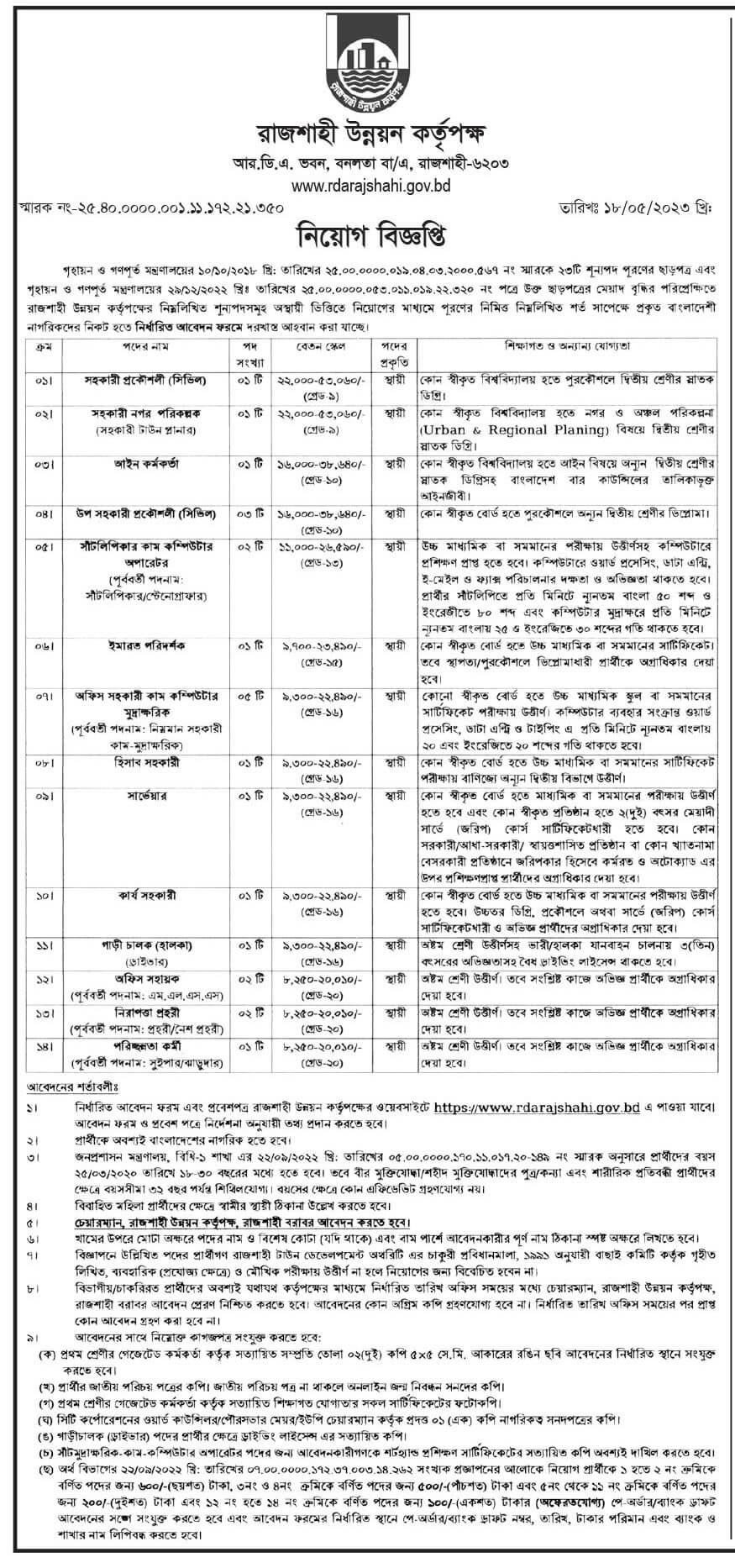 Rajshahi Development Authority RDA job circular 2023
